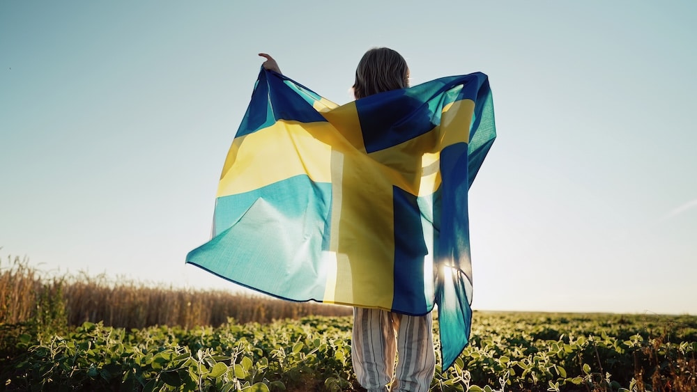 Unrecognizable swedish little kid - patriot child boy jumps with national flag on sky sunset background at summer. New rules for swedish citizenship.